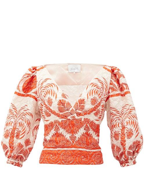 Matchesfashion.com Johanna Ortiz - Astral Transit Silk-blend Cloqu Blouse - Womens - Orange Multi