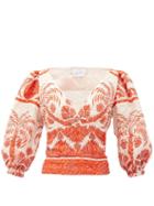 Matchesfashion.com Johanna Ortiz - Astral Transit Silk-blend Cloqu Blouse - Womens - Orange Multi