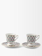 La Doublej - Set Of Two Cubi-print Porcelain Espresso Cups - Womens - Turquoise Multi