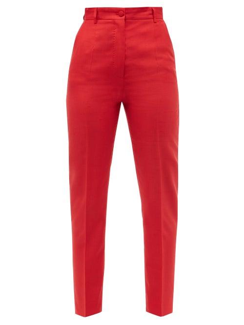 Dolce & Gabbana - High-rise Silk-blend Slim-leg Trousers - Womens - Red