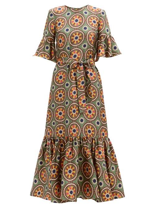 Matchesfashion.com La Doublej - Curly Swing Abstract-print Silk Midi Dress - Womens - Green Multi