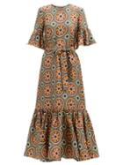Matchesfashion.com La Doublej - Curly Swing Abstract-print Silk Midi Dress - Womens - Green Multi