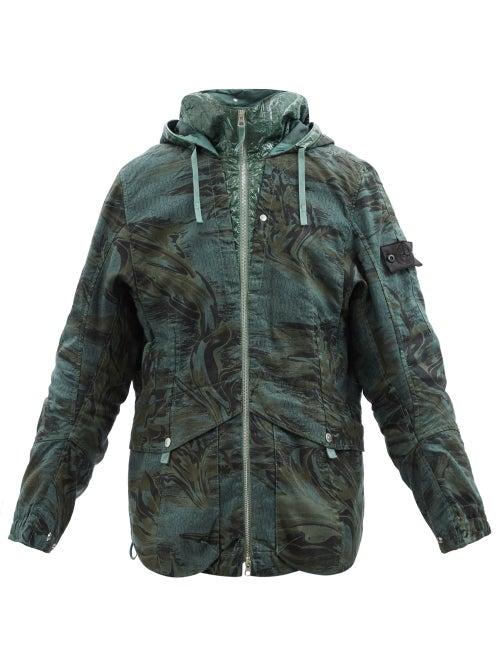Stone Island Shadow Project - Logo-patch Floral-print Linen-blend Hooded Parka - Mens - Green