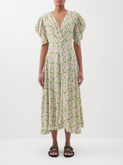 D'ascoli - Brigitte Floral-print Silk-crepe Midi Dress - Womens - Green Multi