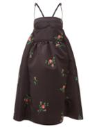 Matchesfashion.com Rochas - Rose Print Duchess Satin Midi Dress - Womens - Black Print