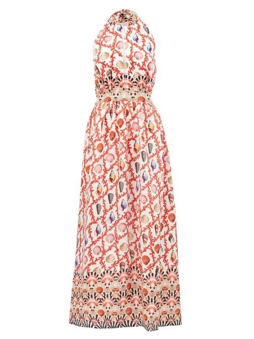 Matchesfashion.com Mary Mare - Positano Halterneck Shell-print Linen Dress - Womens - Red Print