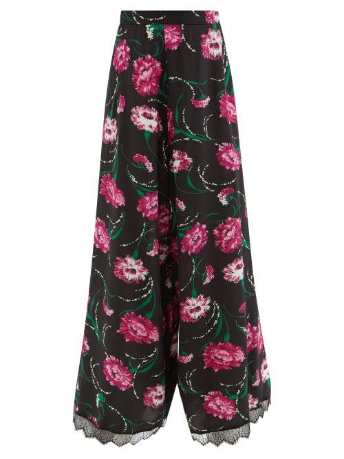 Rodarte - Lace-trimmed Floral-print Silk Trousers - Womens - Black Multi