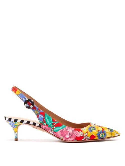 Matchesfashion.com Aquazzura - X Racil Pure Slingback 45 Floral Print Twill Pumps - Womens - Multi