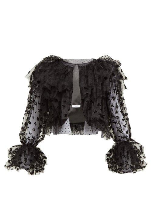 Matchesfashion.com Erdem - Stefania Ruffled Flocked Tulle Jacket - Womens - Black