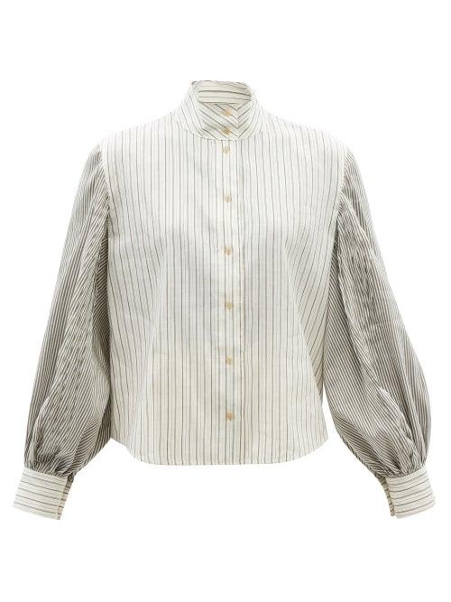 Loewe - High-collar Balloon-sleeve Satin Blouse - Womens - White