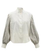 Loewe - High-collar Balloon-sleeve Satin Blouse - Womens - White