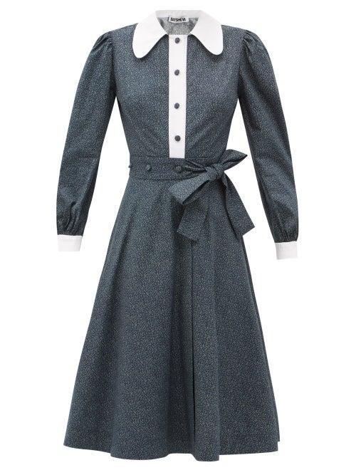 Matchesfashion.com Batsheva - Belted Floral-print Cotton Shirt Dress - Womens - Navy Print
