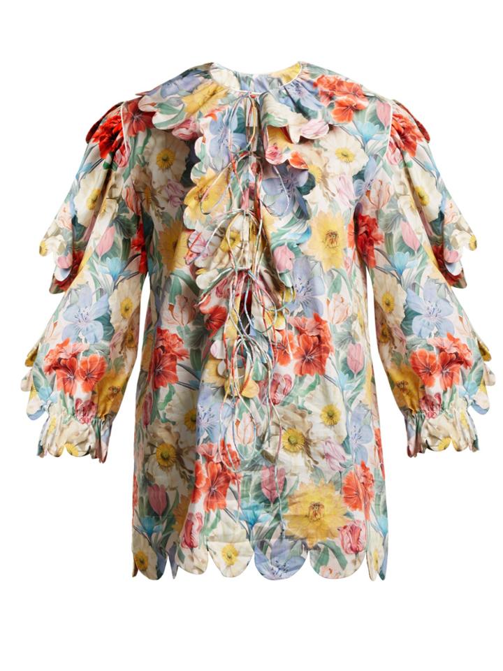 Horror Vacui Floral-print Scallop-edged Cotton Blouse