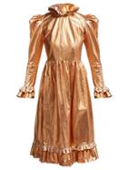 Matchesfashion.com Batsheva - Ruffled Coated Cotton Prairie Midi Dress - Womens - Gold