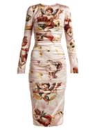 Matchesfashion.com Dolce & Gabbana - Angel Print Satin Midi Dress - Womens - Pink Print