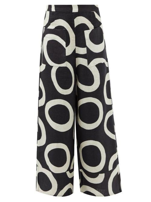Cala De La Cruz - Belize High-rise Printed Linen Trousers - Womens - Black White