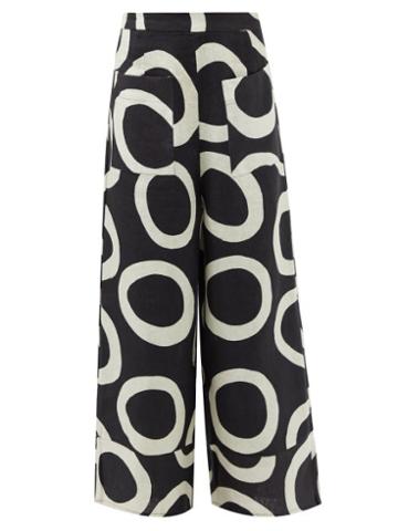 Cala De La Cruz - Belize High-rise Printed Linen Trousers - Womens - Black White