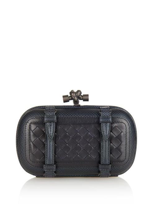 Bottega Veneta Knot Intrecciato Leather And Snakeskin Clutch