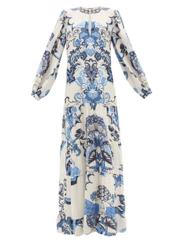 Johanna Ortiz - Constellation Of Traits Ikat-print Crepe Dress - Womens - Blue White