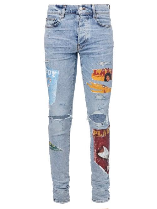 Amiri - Playboy-print Skinny-leg Jeans - Mens - Blue