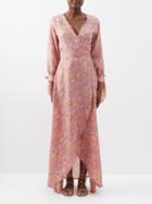 Hannah Artwear - Luna Hand-block Print Silk-habotai Maxi Dress - Womens - Pink Multi