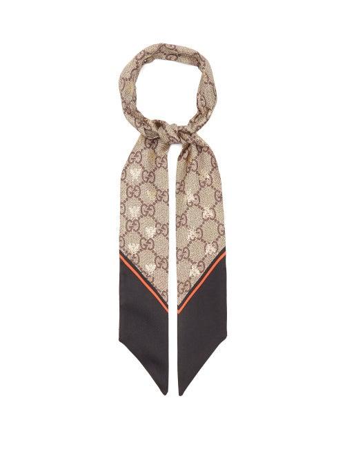 Gucci - Gg And Bee-jacquard Silk-twill Scarf - Womens - Brown Multi