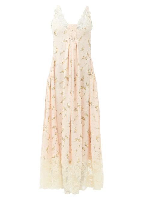 Matchesfashion.com Paco Rabanne - Lace-trimmed Floral-print Crepe Dress - Womens - Light Pink