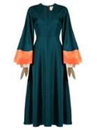 Matchesfashion.com Roksanda - Henning V Neck Fluted Satin Midi Dress - Womens - Dark Green