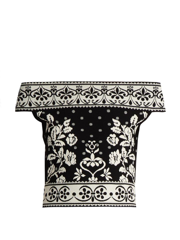 Alexander Mcqueen Floral-jacquard Off-the-shoulder Knit Cropped Top