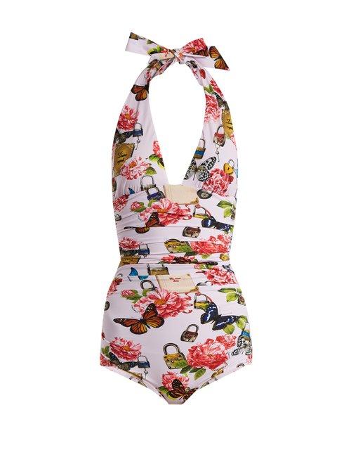 Matchesfashion.com Dolce & Gabbana - All The Lovers Print Halterneck Swimsuit - Womens - Pink Multi
