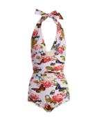 Matchesfashion.com Dolce & Gabbana - All The Lovers Print Halterneck Swimsuit - Womens - Pink Multi