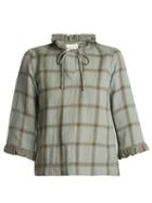 Matchesfashion.com Cecilie Copenhagen - Tie Neck Cotton And Linen Blend Checked Top - Womens - Khaki Multi