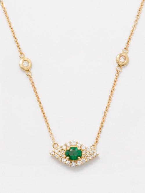 Jacquie Aiche - Evil Eye Diamond, Emerald & 14kt Gold Necklace - Womens - Green Multi