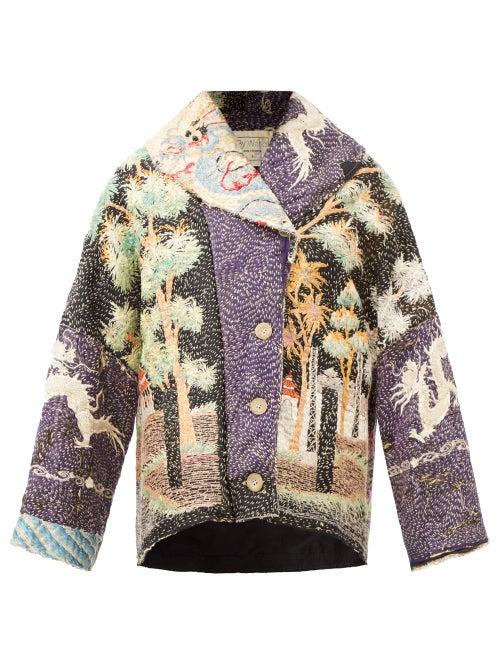 By Walid - Malika Dragon-embroidered Vintage Silk Jacket - Womens - Blue Multi