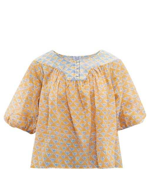Matchesfashion.com Thierry Colson - Theda Geometric Print Cotton Blend Blouse - Womens - Blue Multi