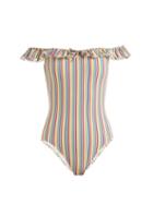Matchesfashion.com Solid & Striped - The Amelia Off The Shoulder Striped Swimsuit - Womens - Multi Stripe