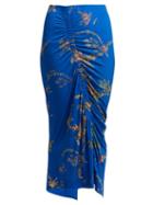 Matchesfashion.com Preen By Thornton Bregazzi - Tracy Floral Print Ruched Midi Skirt - Womens - Blue Multi
