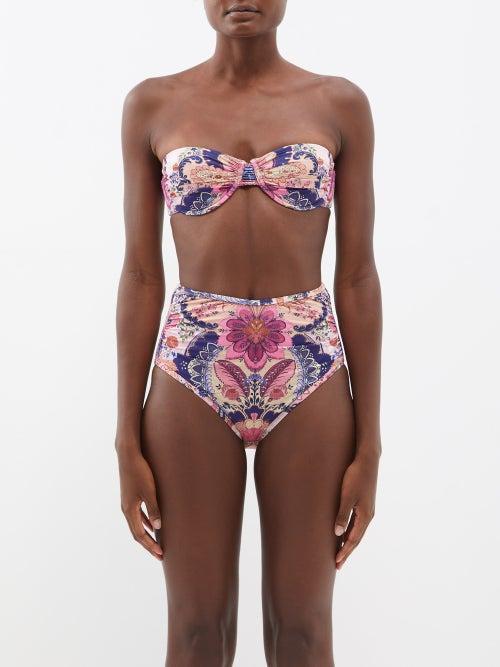 Zimmermann - Laurel Ruched Floral-print Bikini Top - Womens - Navy Pink