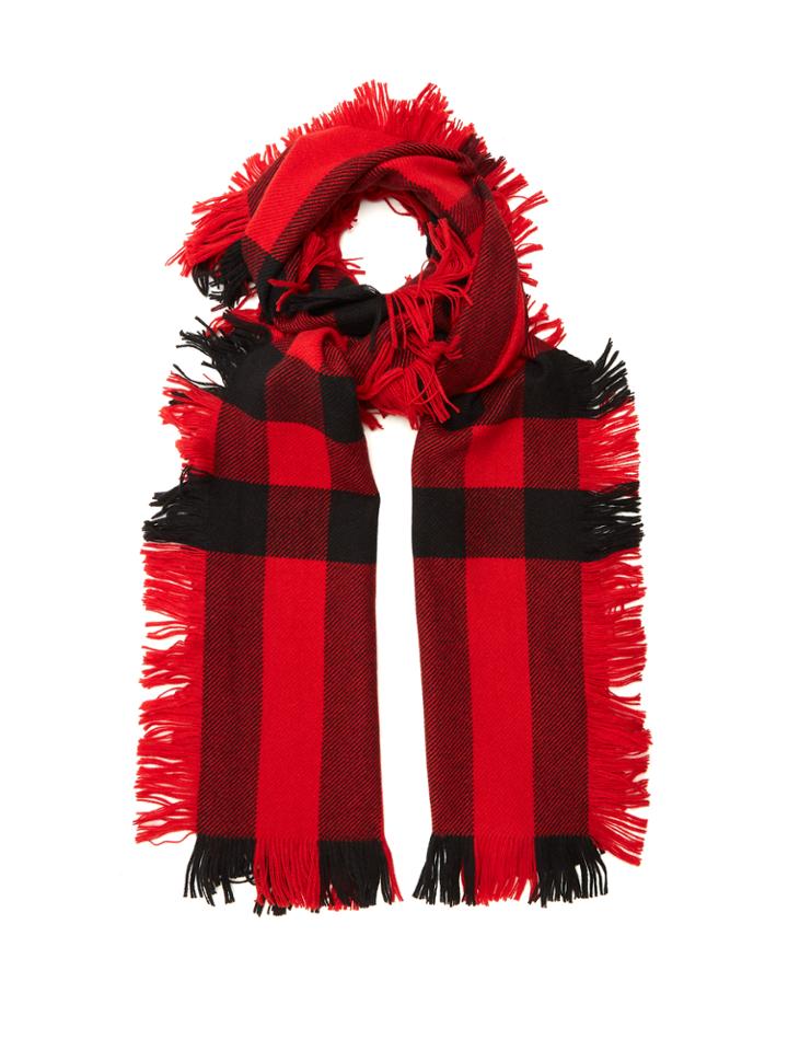 Burberry Fringed Checked Wool Scarf