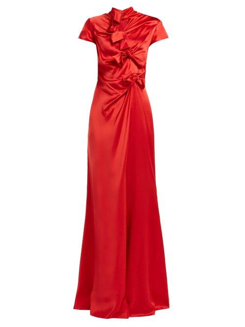 Matchesfashion.com Saloni - Kelly Bow Detail Silk Satin Dress - Womens - Red