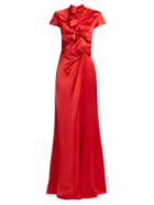 Matchesfashion.com Saloni - Kelly Bow Detail Silk Satin Dress - Womens - Red