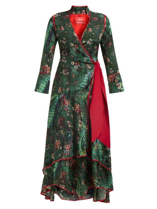 Matchesfashion.com F.r.s - For Restless Sleepers - Hidros Floral Print Satin Wrap Midi Dress - Womens - Green Multi