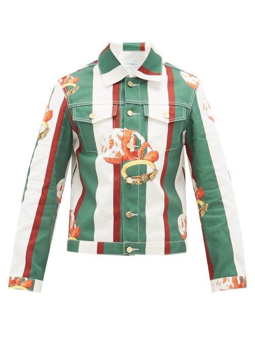 Matchesfashion.com Casablanca - Orange-print Striped Cotton-denim Jacket - Mens - Dark Green