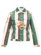 Matchesfashion.com Casablanca - Orange-print Striped Cotton-denim Jacket - Mens - Dark Green