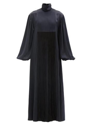Matchesfashion.com Roksanda - Zina High-neck Fringed Silk-satin Maxi Dress - Womens - Navy