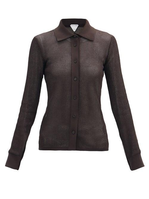 Matchesfashion.com Bottega Veneta - Point-collar Open-knit Top - Womens - Dark Brown
