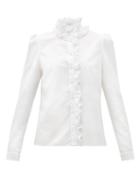 Matchesfashion.com Erdem - Cadenza Ruffled Cotton Oxford Blouse - Womens - White