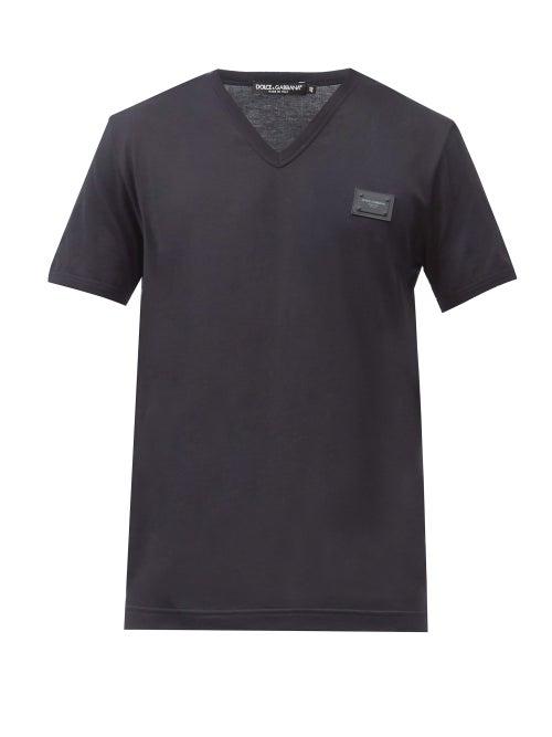 Matchesfashion.com Dolce & Gabbana - Logo-plaque V-neck Cotton-jersey T-shirt - Mens - Navy