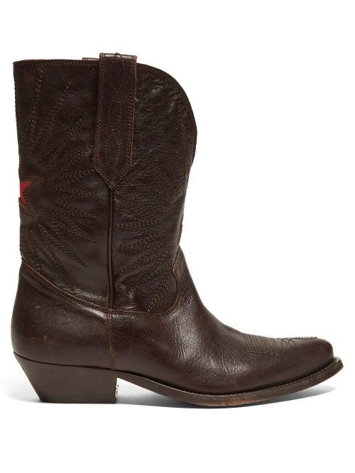 Matchesfashion.com Golden Goose - Wish Star Embroidered Leather Boots - Womens - Dark Brown