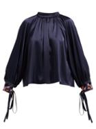 Matchesfashion.com Osman - Floral Bead Embroidered Satin Blouse - Womens - Navy Multi